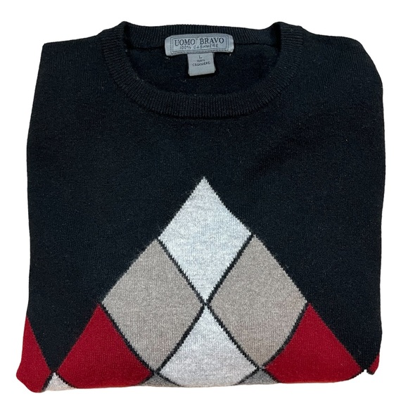 Men’s Uomo Bravo Cashmere Sweater Black Argyle Crew Neck Long Sleeve Pullover - Picture 8 of 11